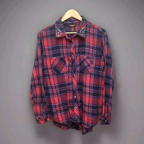 Bit & Bridle Western Shirt XL Plaid Snap Up Jeweled Collar Flannel Shirt - Picture 1 of 13